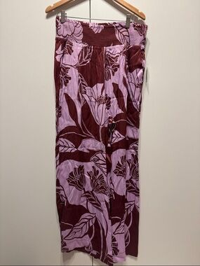 Maeve Anthropologie Silky Wide Leg Floral Print Pants in Lavender and Burgundy